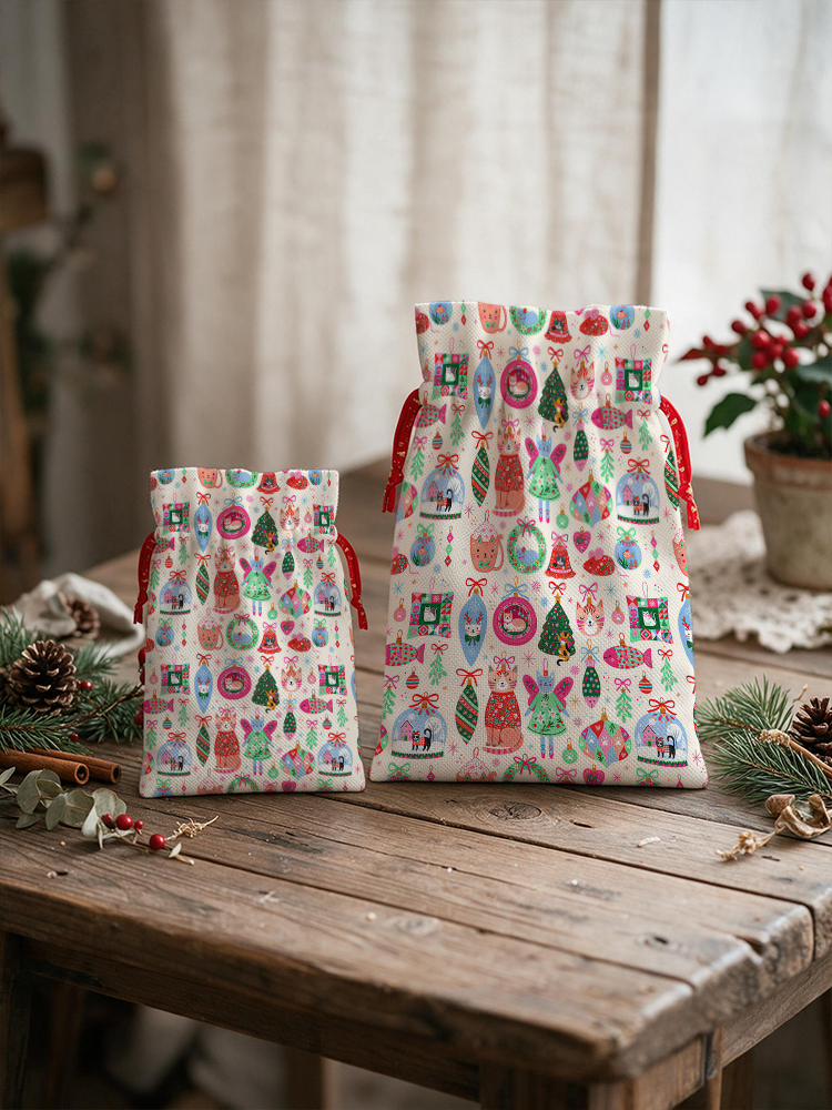 Christmas Cat Ornament Reusable Christmas Drawstring Gift Bag