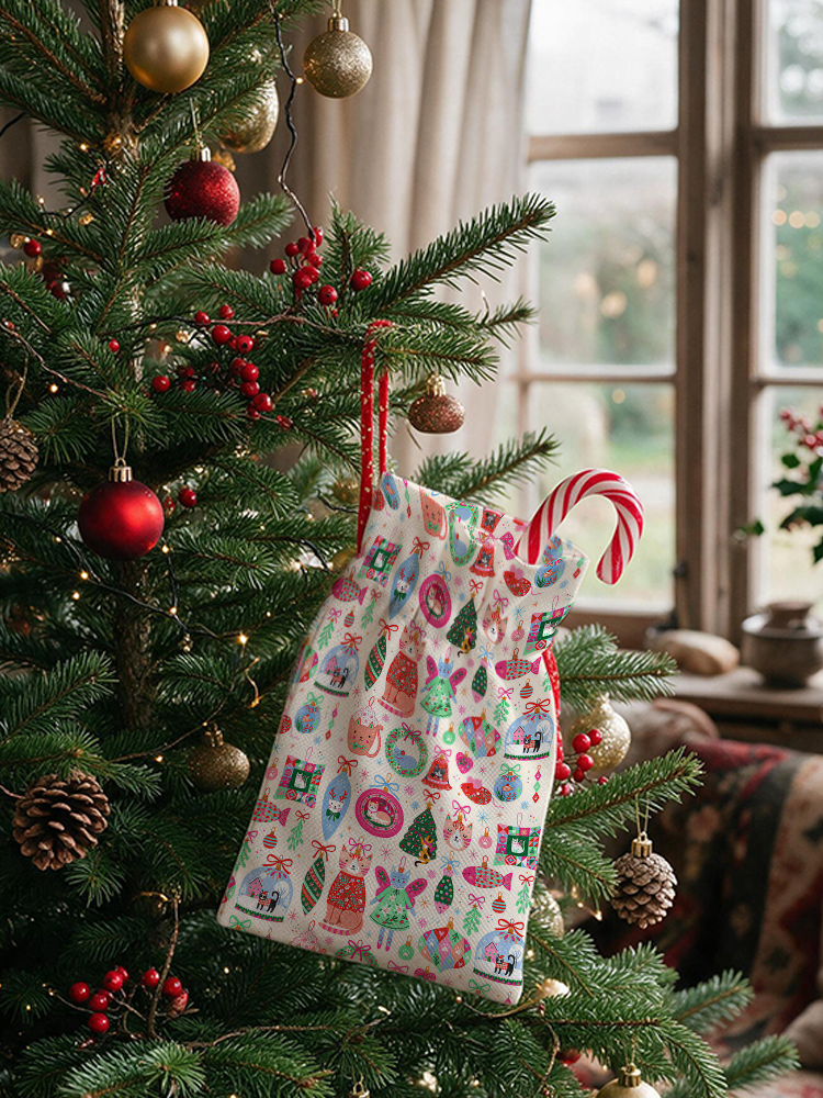 Christmas Cat Ornament Reusable Christmas Drawstring Gift Bag