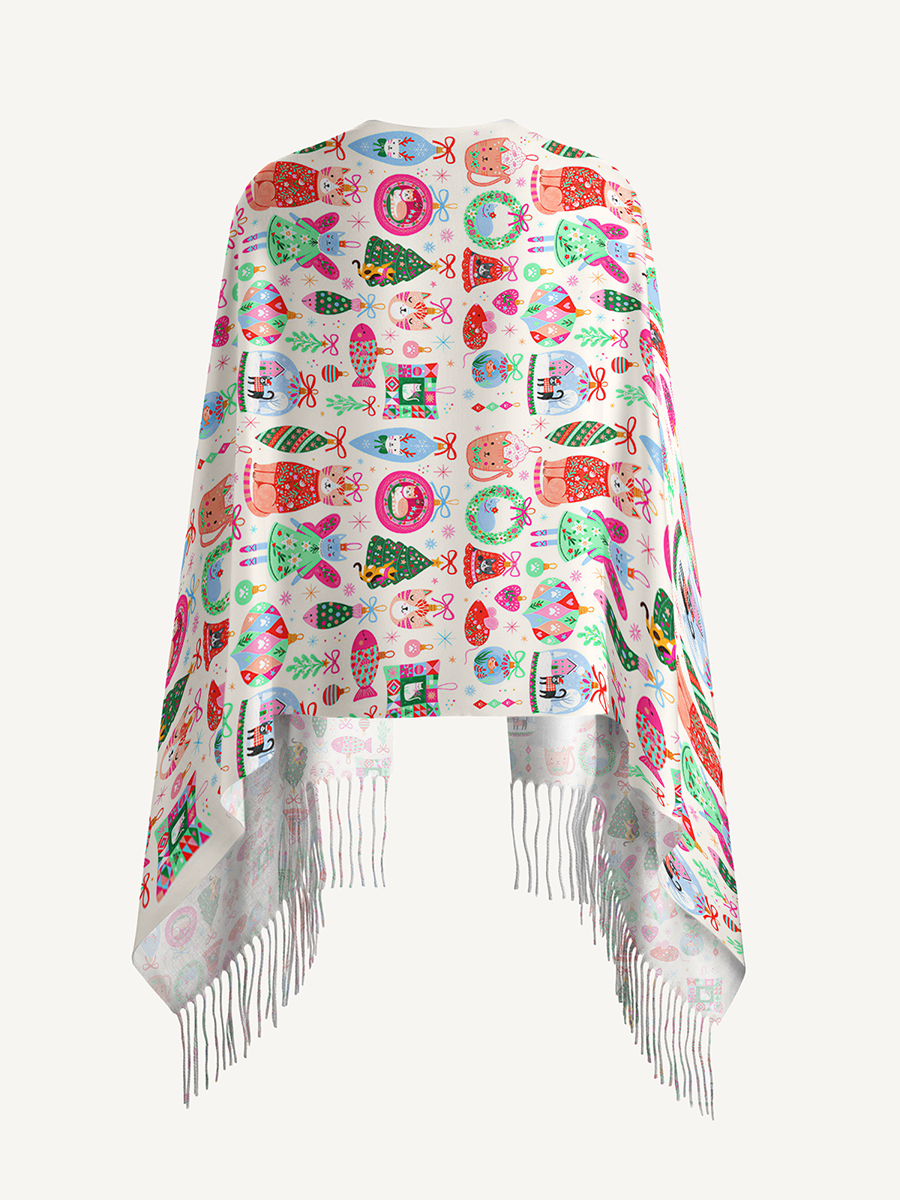 Christmas Cat Ornament Print Cozy Fringed Scarf