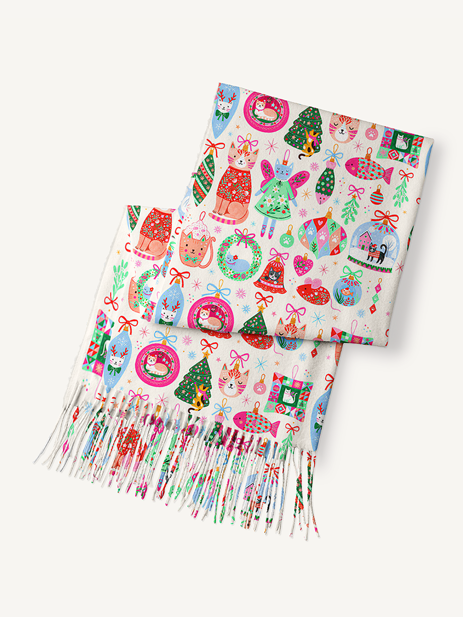 Christmas Cat Ornament Print Cozy Fringed Scarf