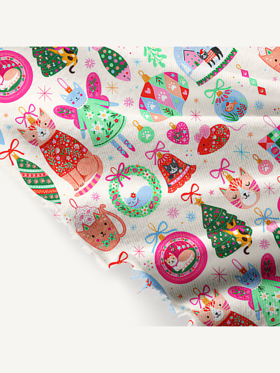 Christmas Cat Ornament Print Cozy Fringed Scarf
