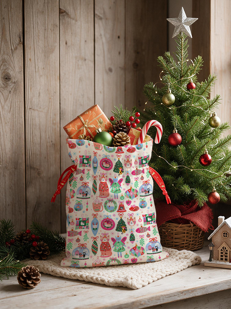 Christmas Cat Ornament Reusable Christmas Drawstring Gift Bag