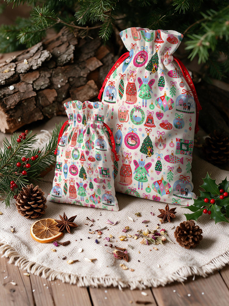 Christmas Cat Ornament Reusable Christmas Drawstring Gift Bag