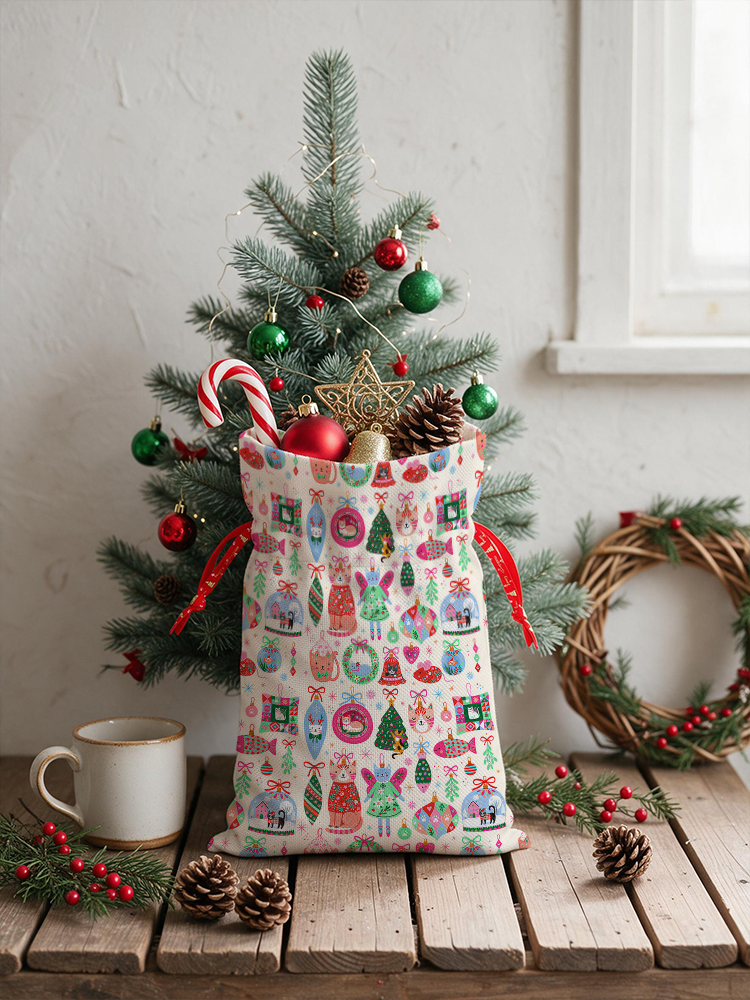 Christmas Cat Ornament Reusable Christmas Drawstring Gift Bag