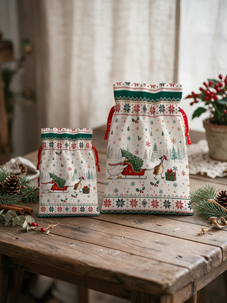 Christmas Duck Sleigh & Pine Tree  Reusable Drawstring Gift Bag