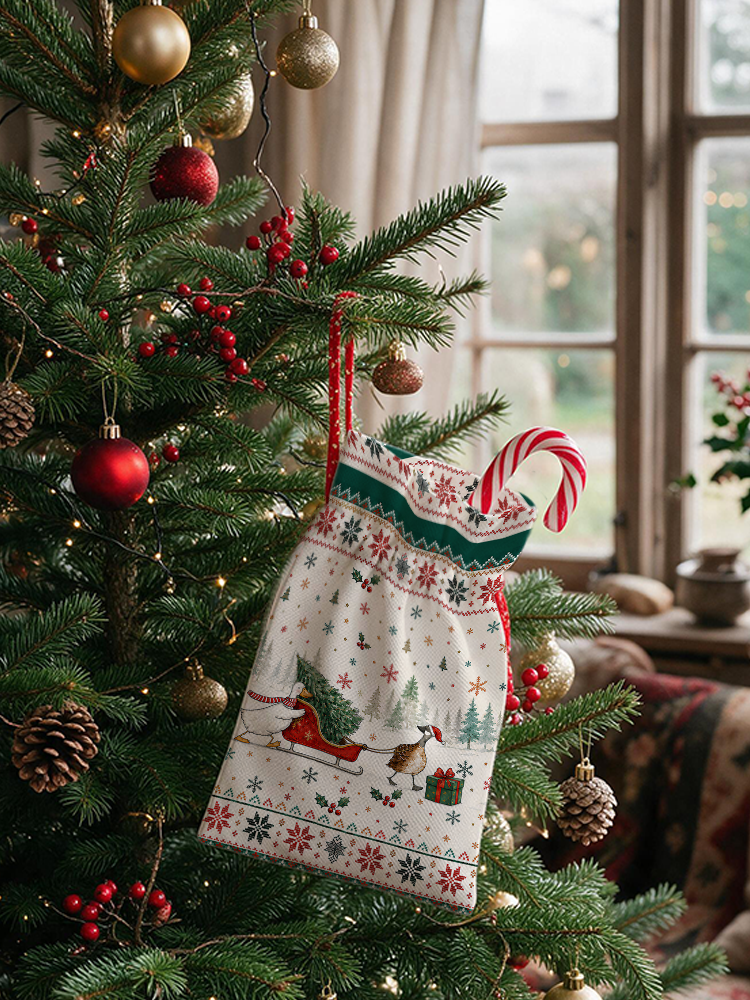 Christmas Duck Sleigh & Pine Tree  Reusable Drawstring Gift Bag
