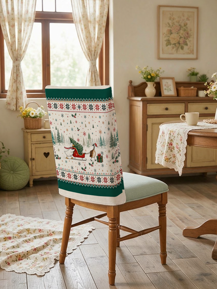 Christmas Duck Sleigh & Pine Tree Print Dining Chair Back Covers