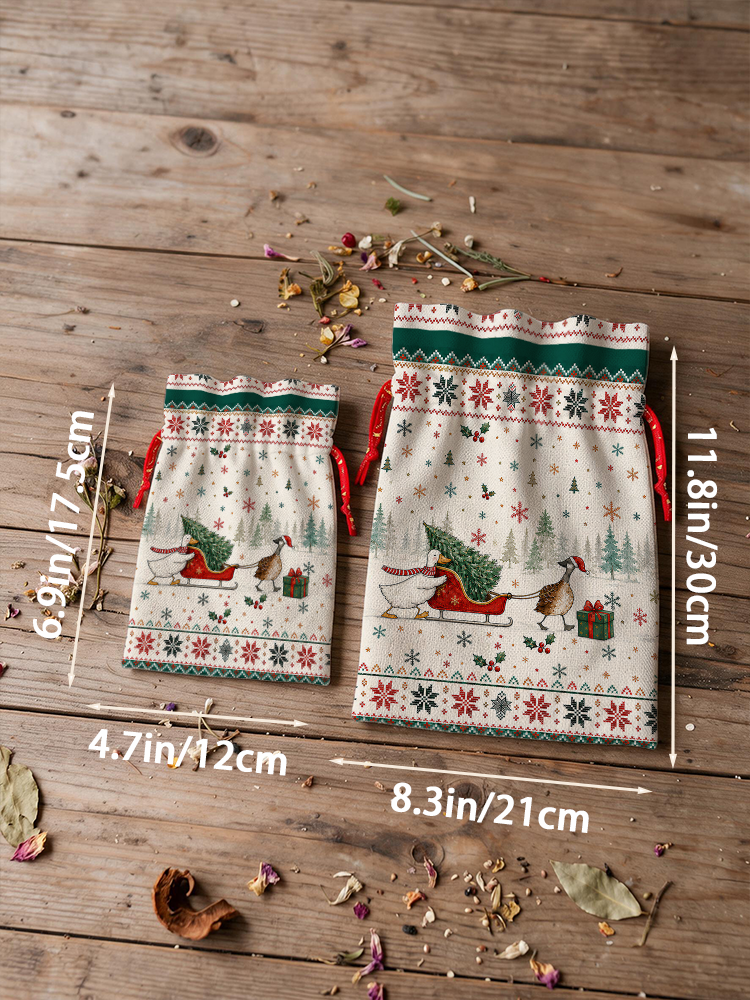 Christmas Duck Sleigh & Pine Tree  Reusable Drawstring Gift Bag