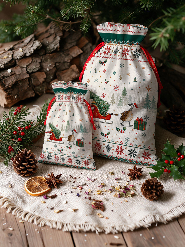 Christmas Duck Sleigh & Pine Tree  Reusable Drawstring Gift Bag