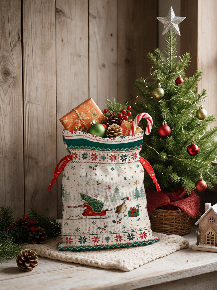 Christmas Duck Sleigh & Pine Tree  Reusable Drawstring Gift Bag