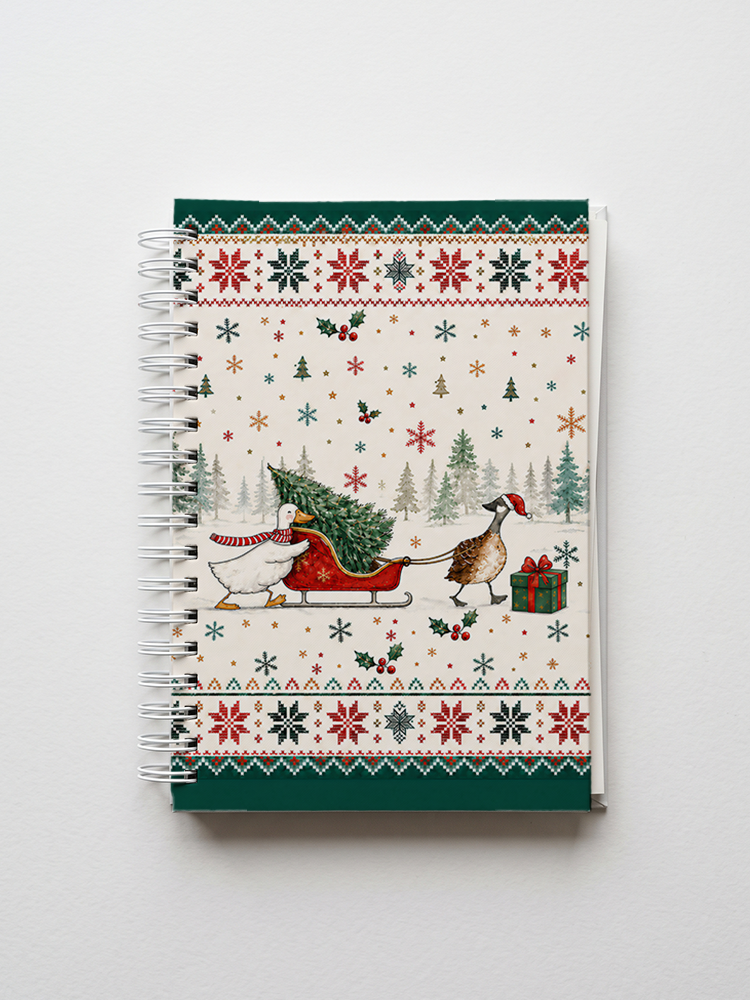 Christmas Duck Sleigh & Pine Tree Print A5 Spiral Notebook
