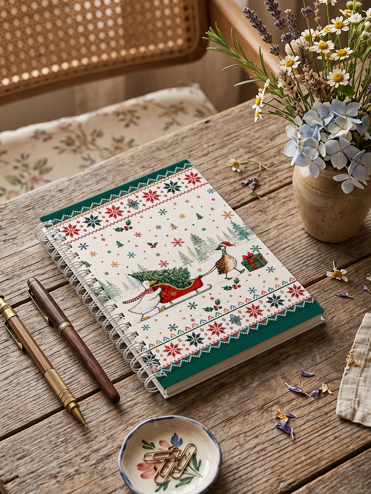 Christmas Duck Sleigh & Pine Tree Print A5 Spiral Notebook