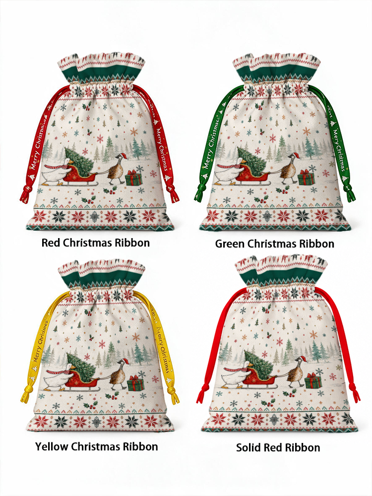 Christmas Duck Sleigh & Pine Tree  Reusable Drawstring Gift Bag