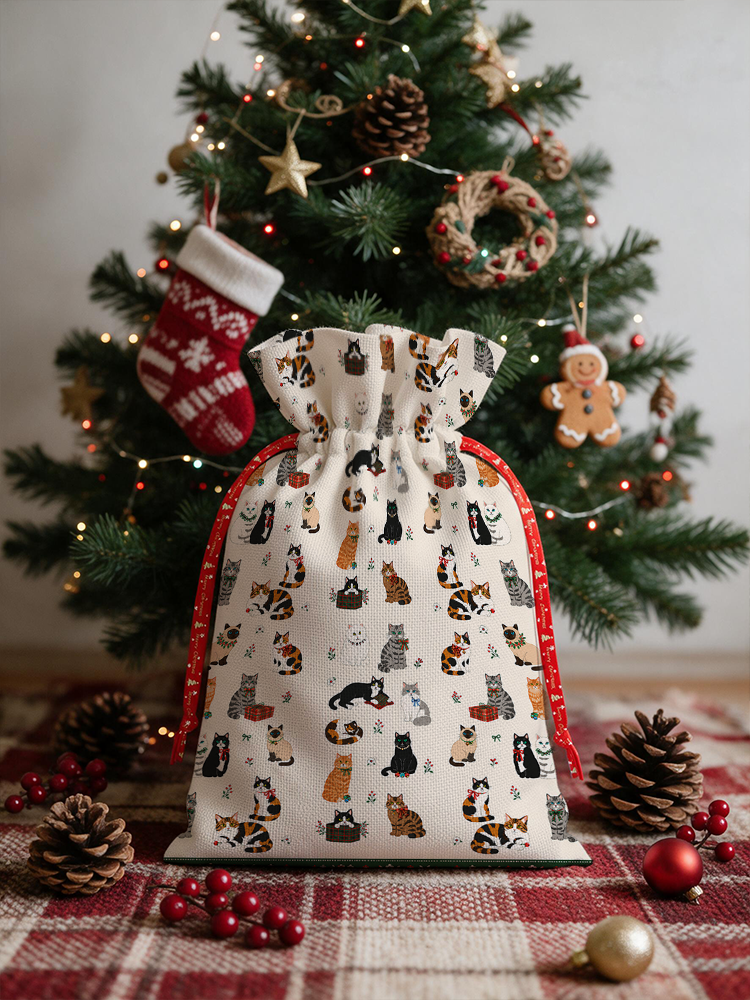 Sweet Festive Kitten Garden Reusable Christmas Drawstring Gift Bag