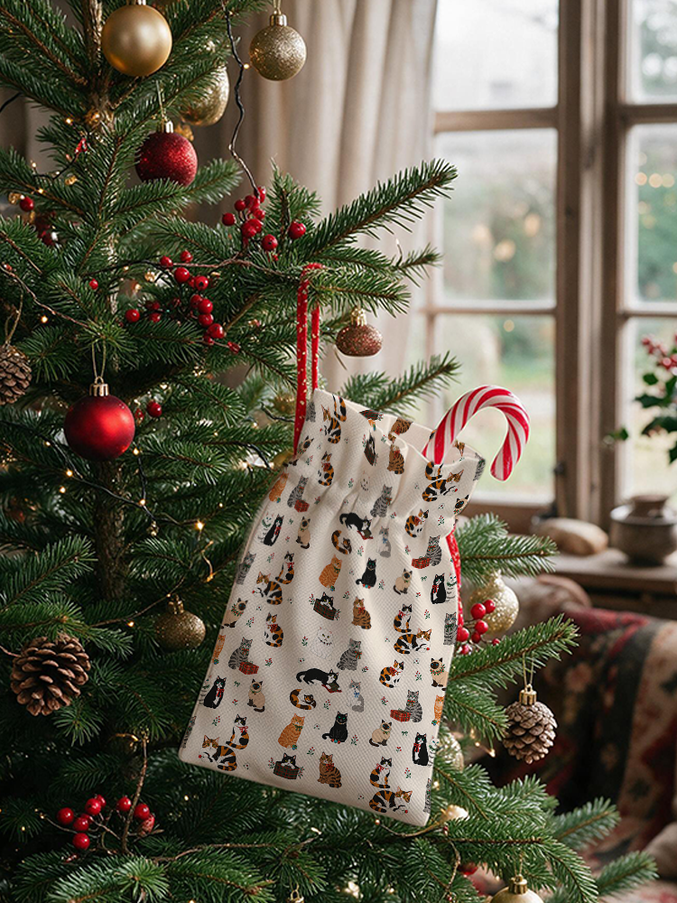 Sweet Festive Kitten Garden Reusable Christmas Drawstring Gift Bag