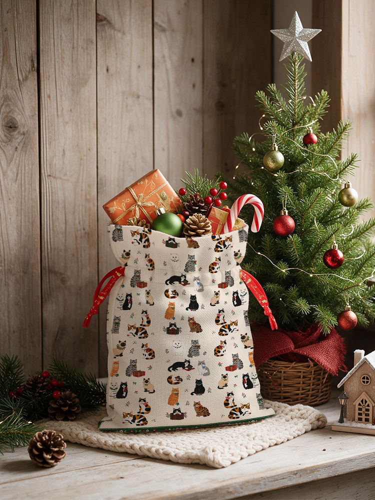 Sweet Festive Kitten Garden Reusable Christmas Drawstring Gift Bag