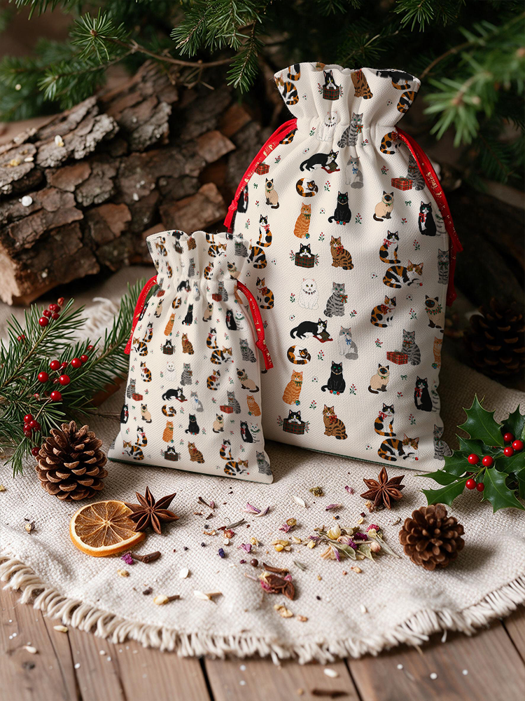 Sweet Festive Kitten Garden Reusable Christmas Drawstring Gift Bag