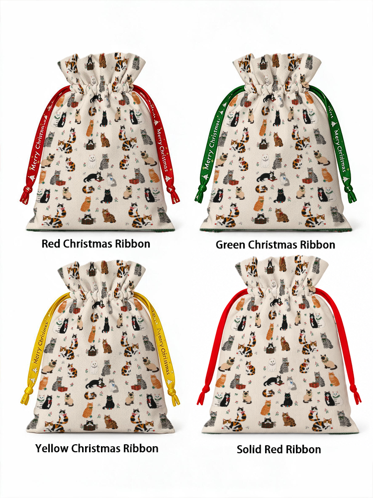 Sweet Festive Kitten Garden Reusable Christmas Drawstring Gift Bag