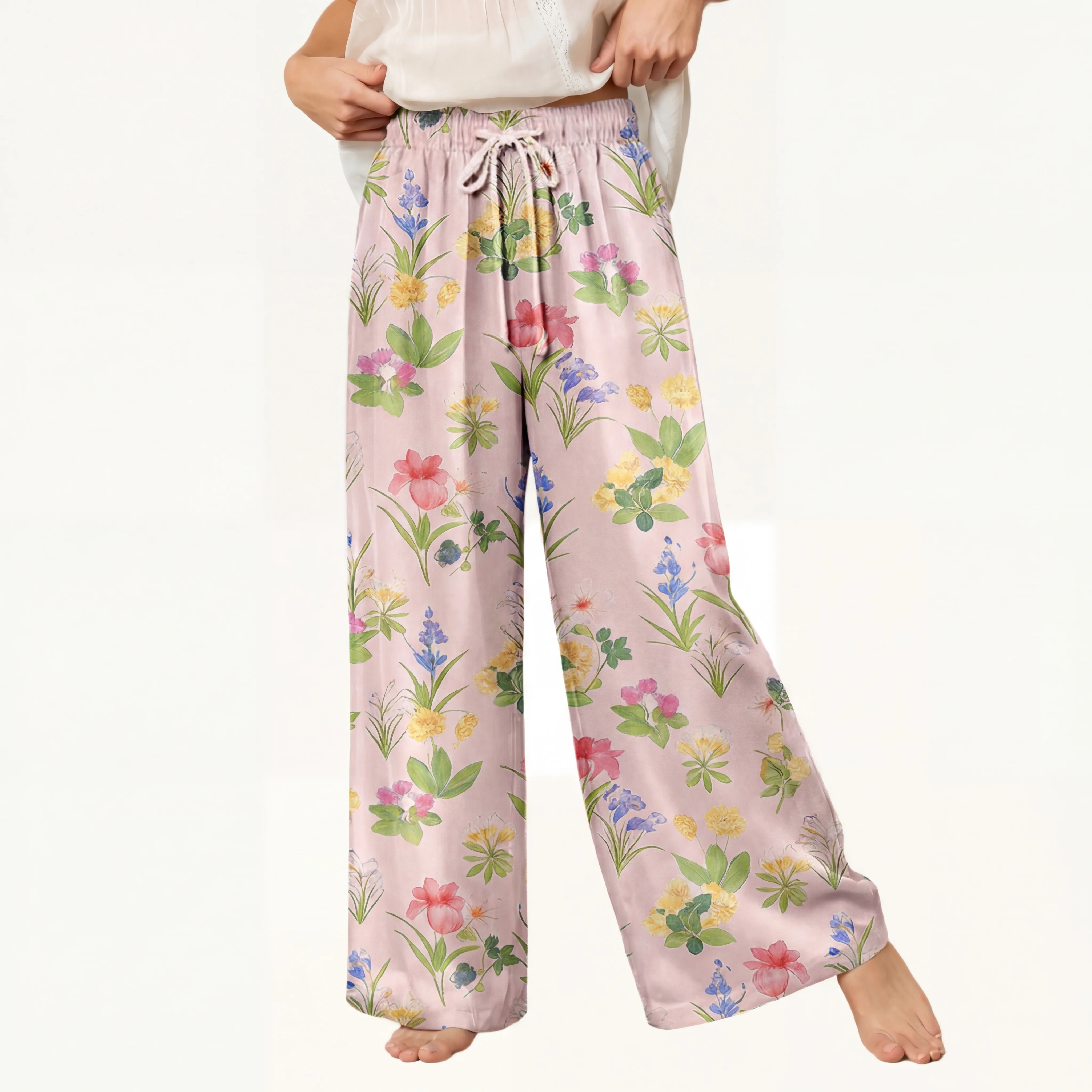  Boho Delicate Blossom Wide Leg Tie Waist Pants With Pockets