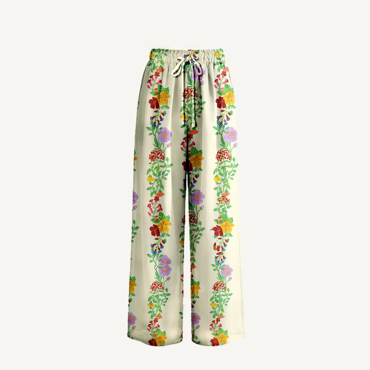  Boho Blossom Trail Wide Leg Tie Waist Pants With Pockets