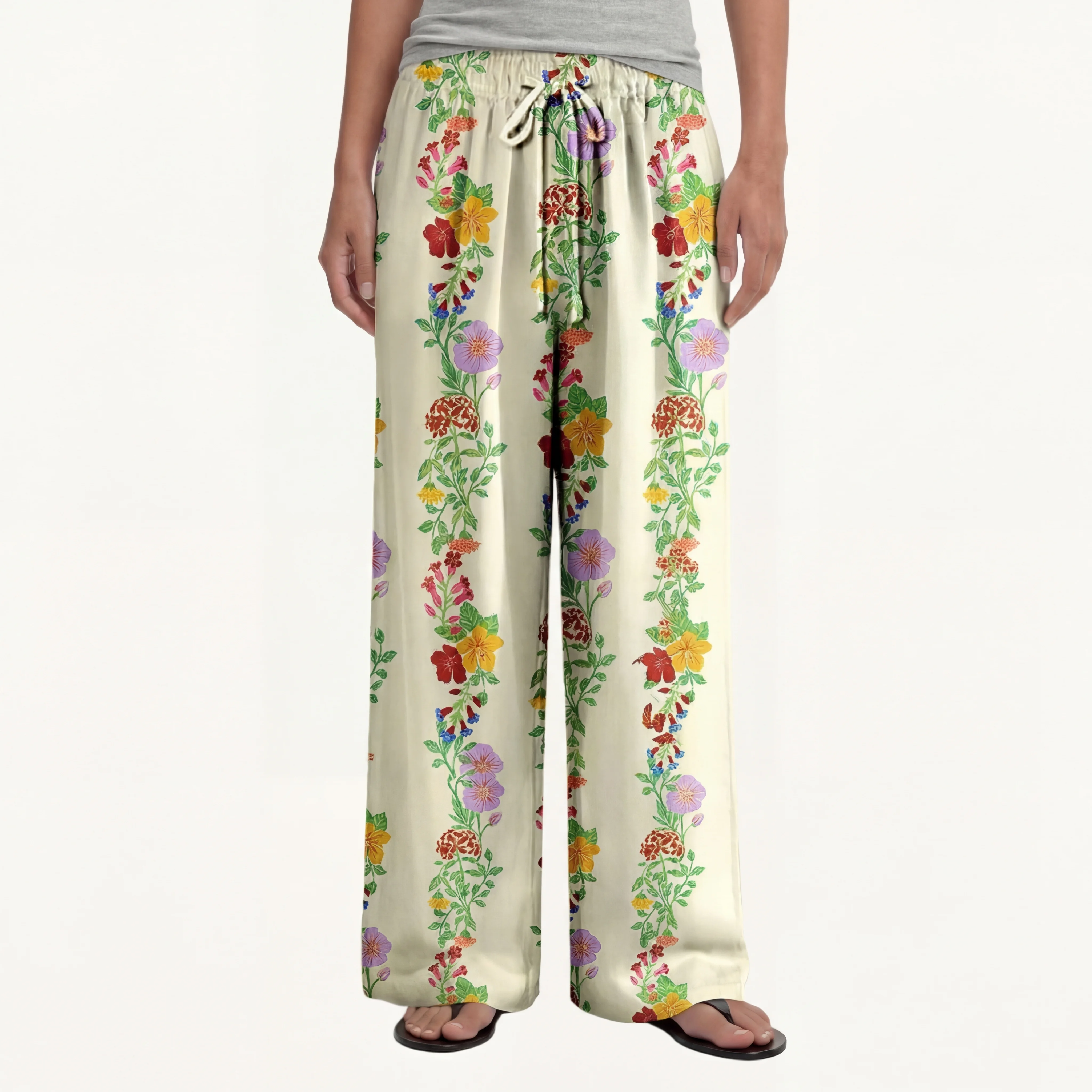  Boho Blossom Trail Wide Leg Tie Waist Pants With Pockets
