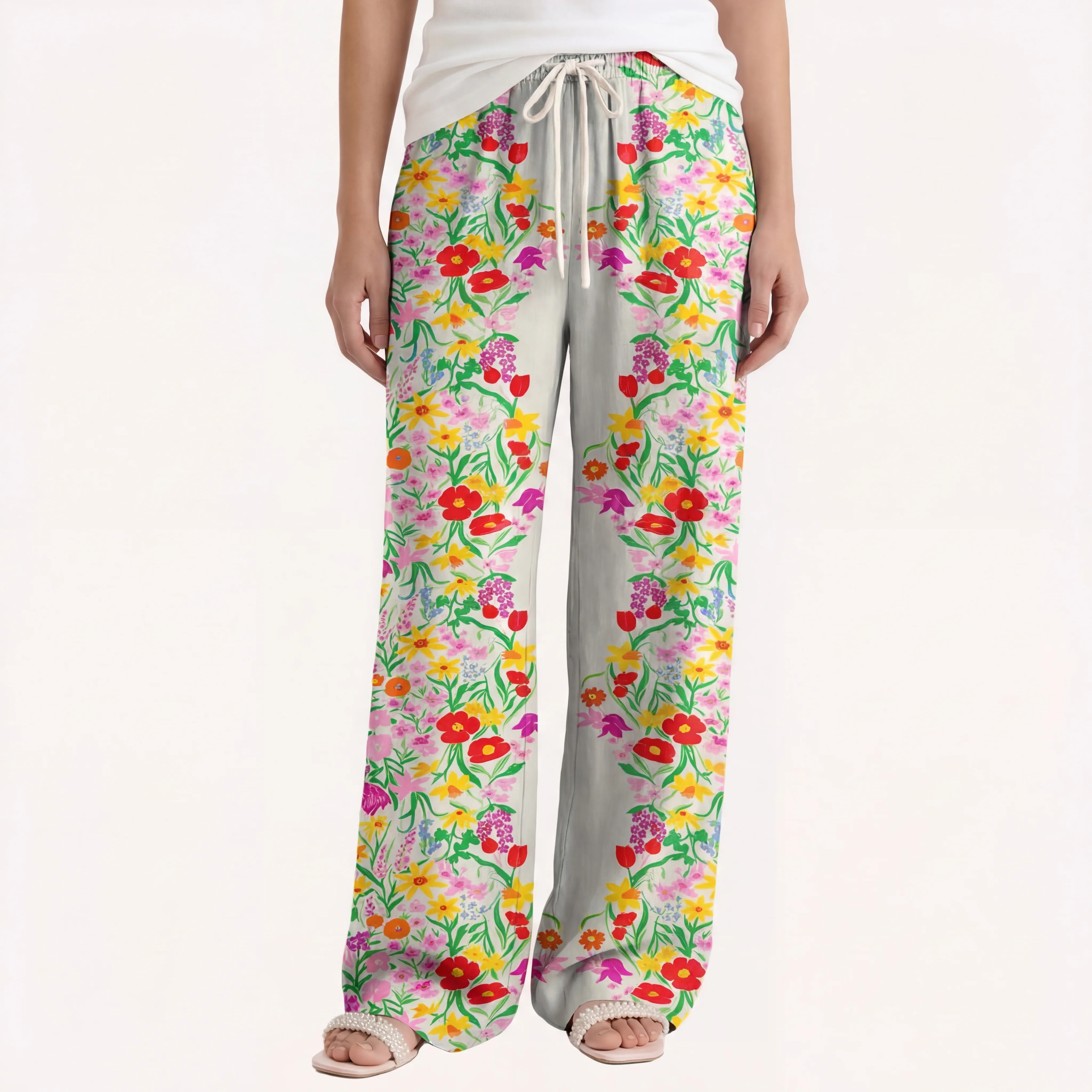  Boho Elegant Garden Wide Leg Tie Waist Pants With Pockets