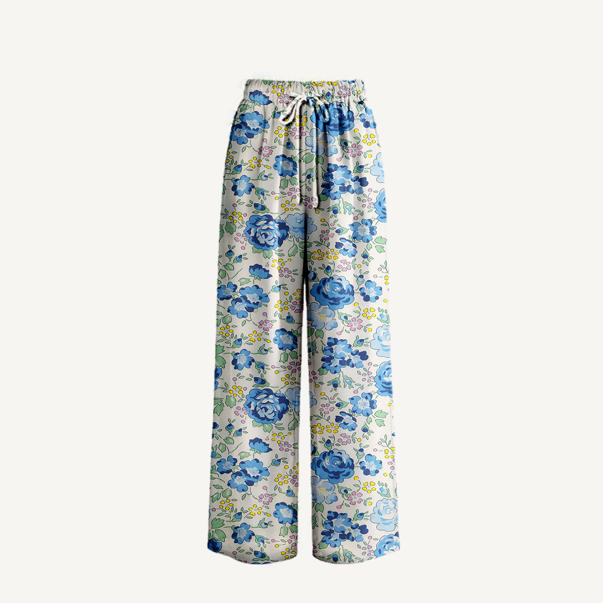  Boho Blue Rose Floral Wide Leg Tie Waist Pants With Pockets