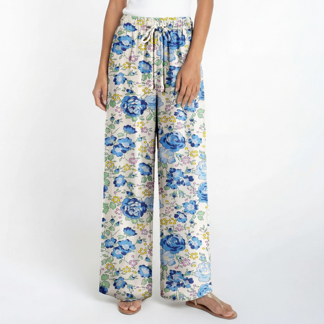  Boho Blue Rose Floral Wide Leg Tie Waist Pants With Pockets