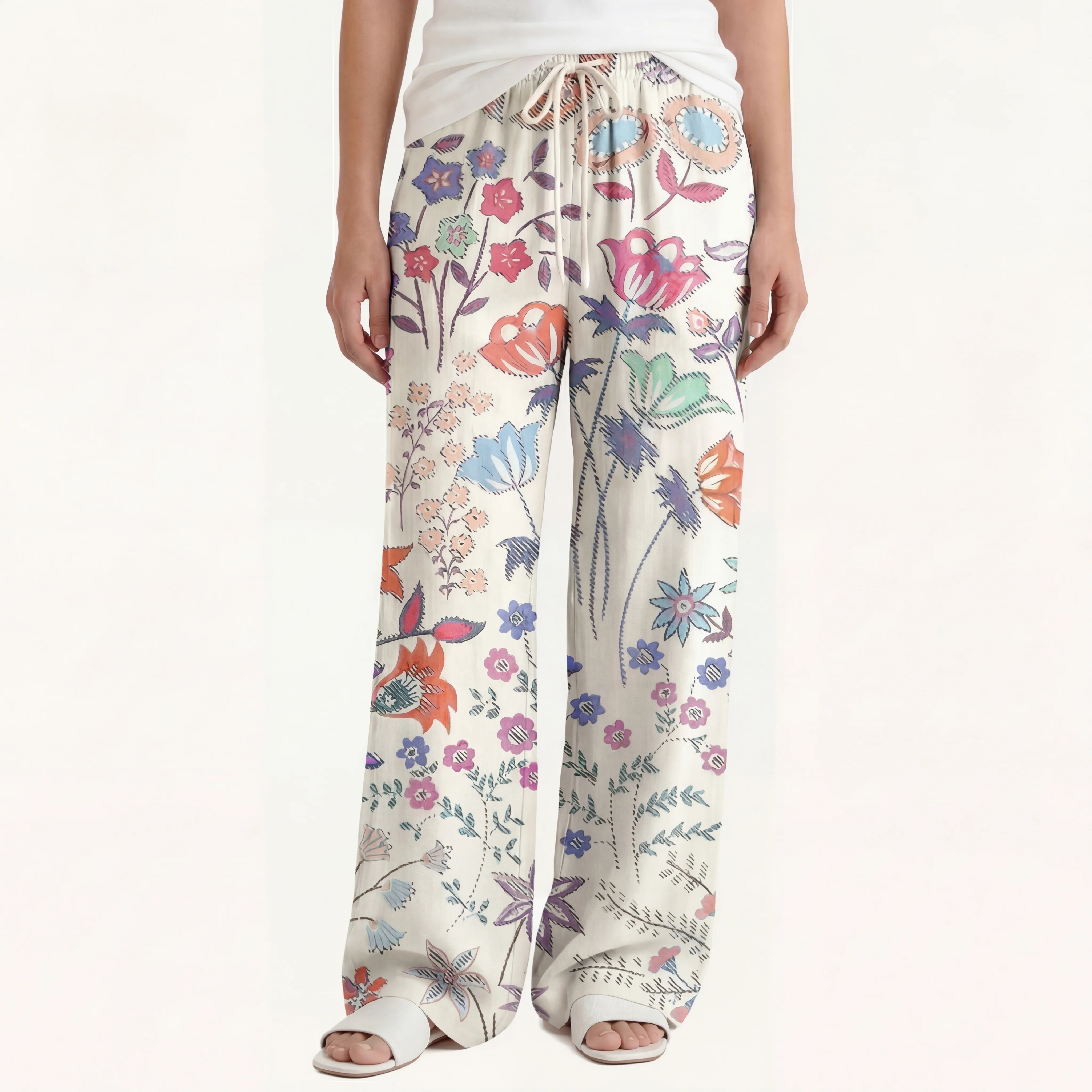  Boho Bohemian Wildflower Garden Wide Leg Tie Waist Pants With Pockets