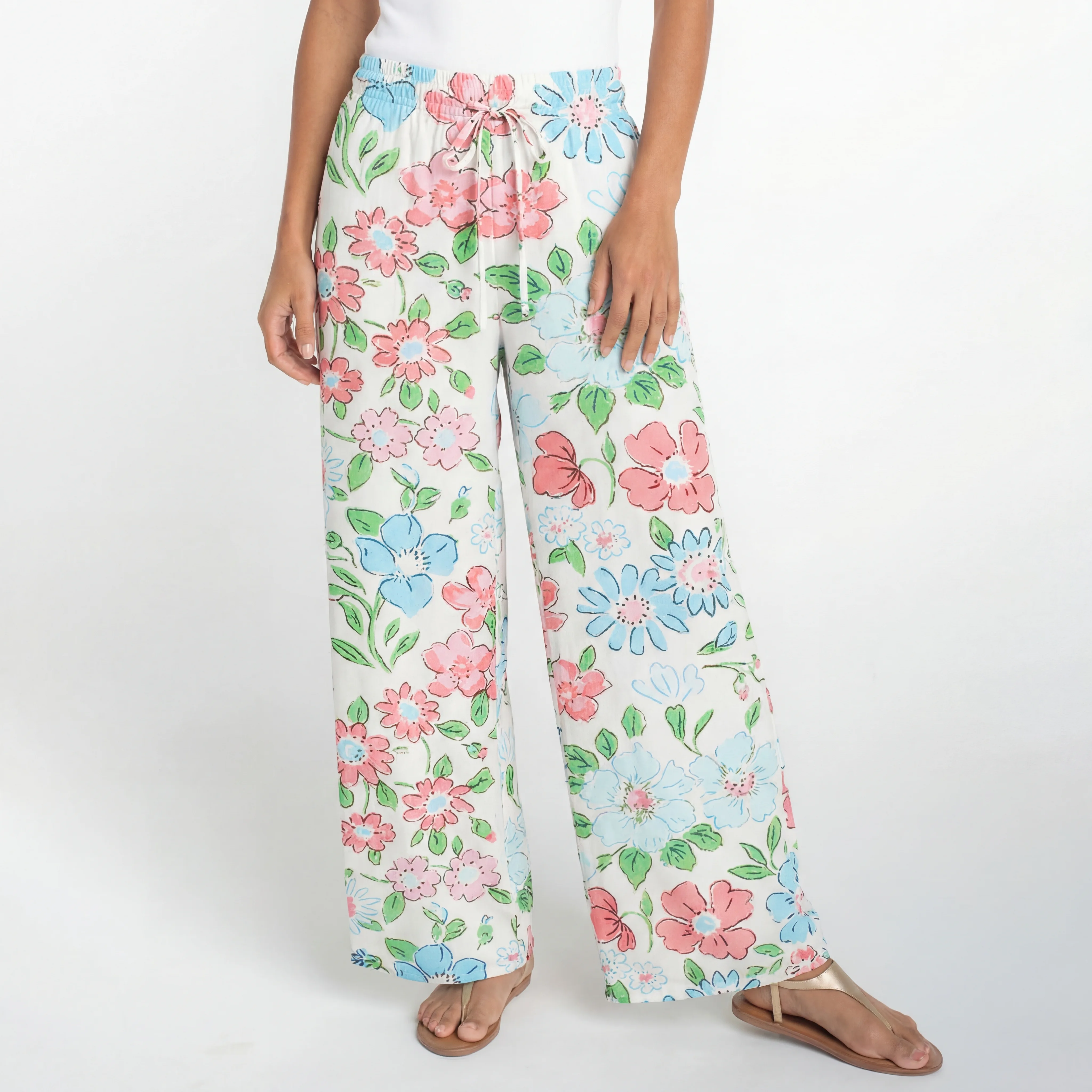  Boho Pastel Cottage Floral Wide Leg Tie Waist Pants With Pockets