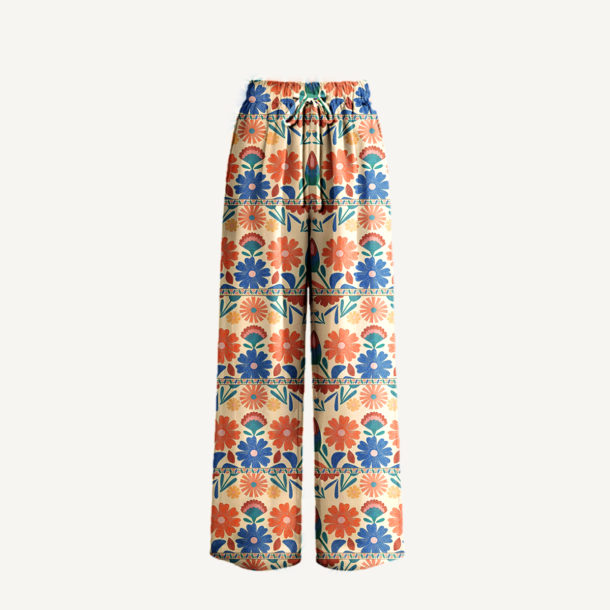  Boho Bohemian Folk Floral Stripe Wide Leg Tie Waist Pants With Pockets