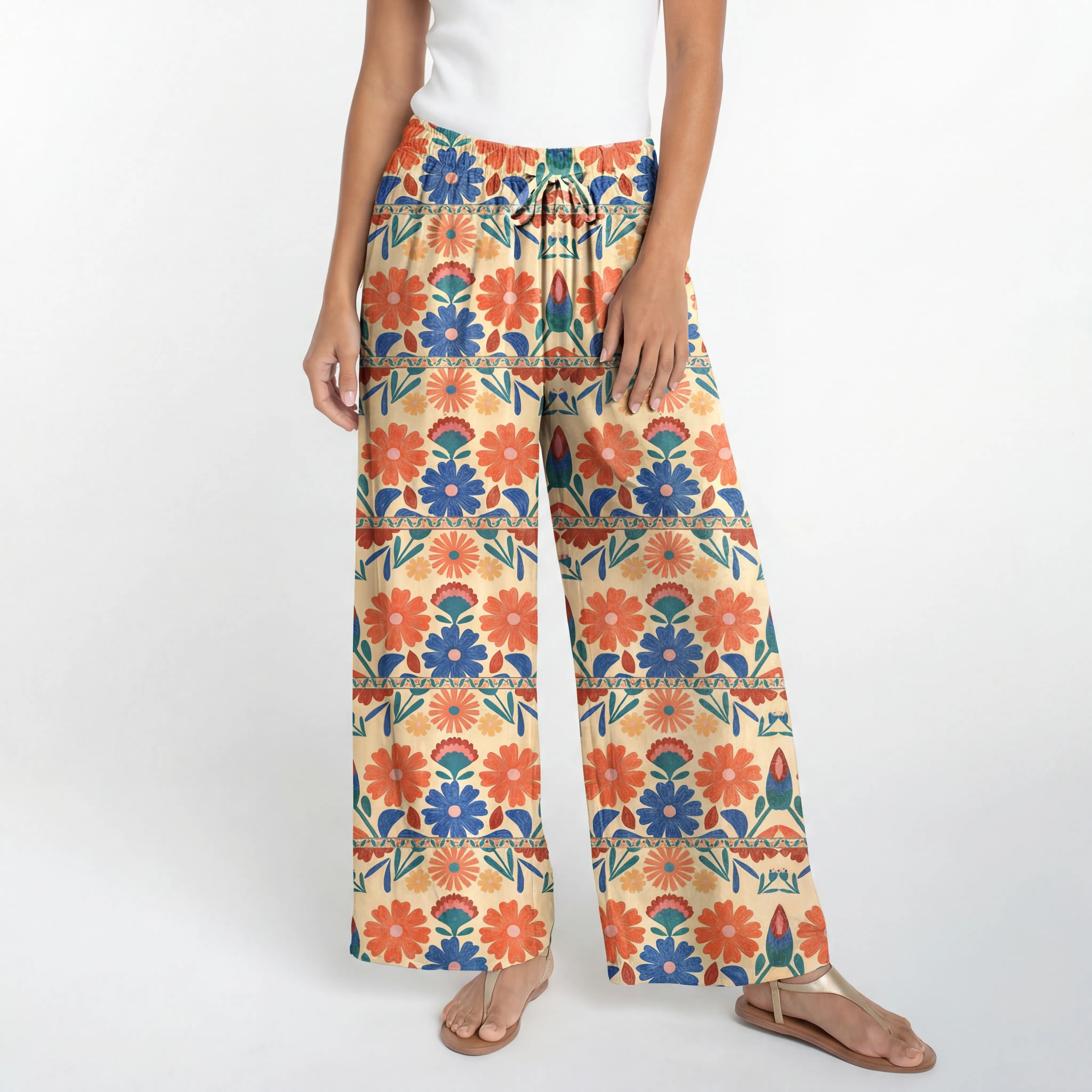 Boho Bohemian Folk Floral Stripe Wide Leg Tie Waist Pants With Pockets