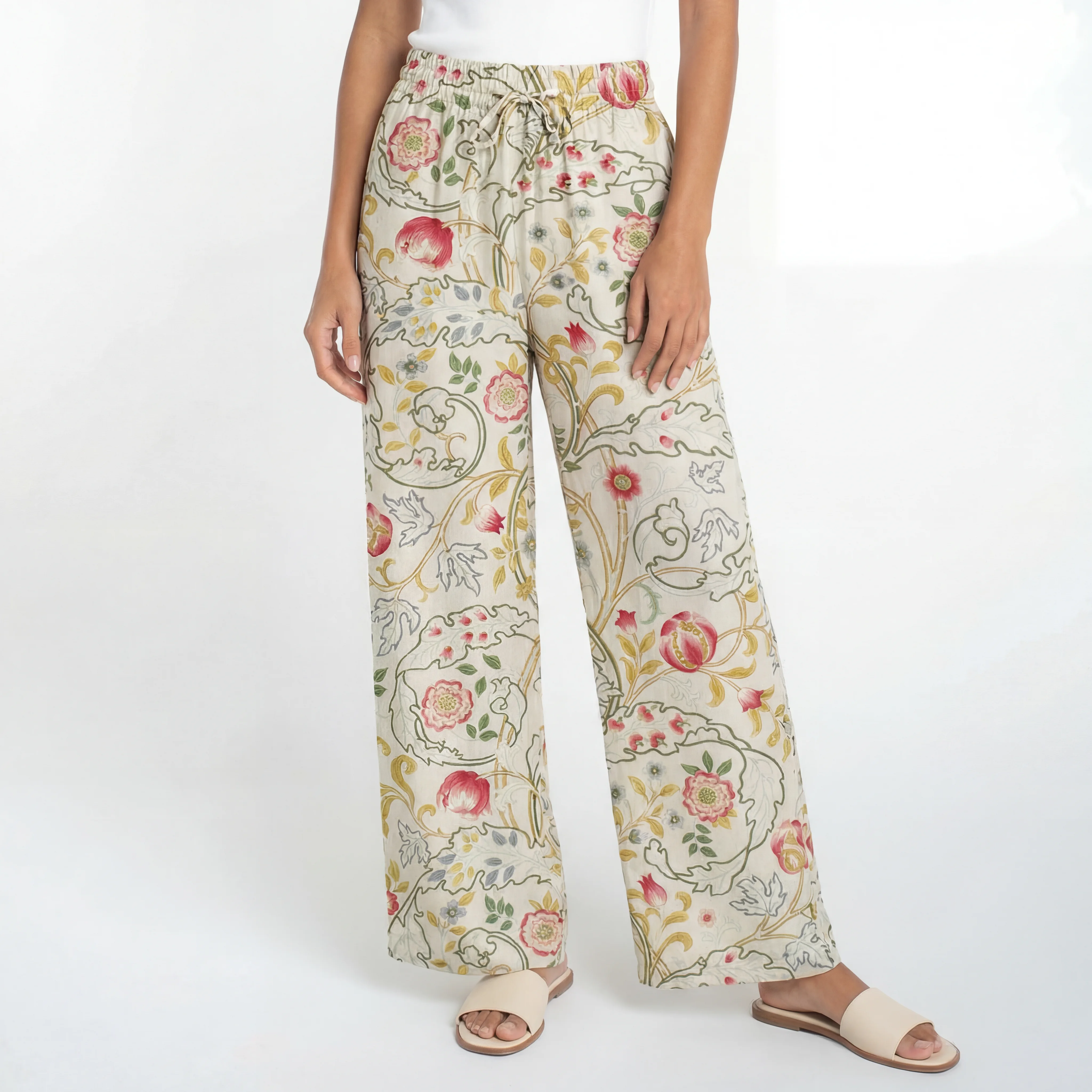  Boho Peony Vine Garden Wide Leg Tie Waist Pants With Pockets