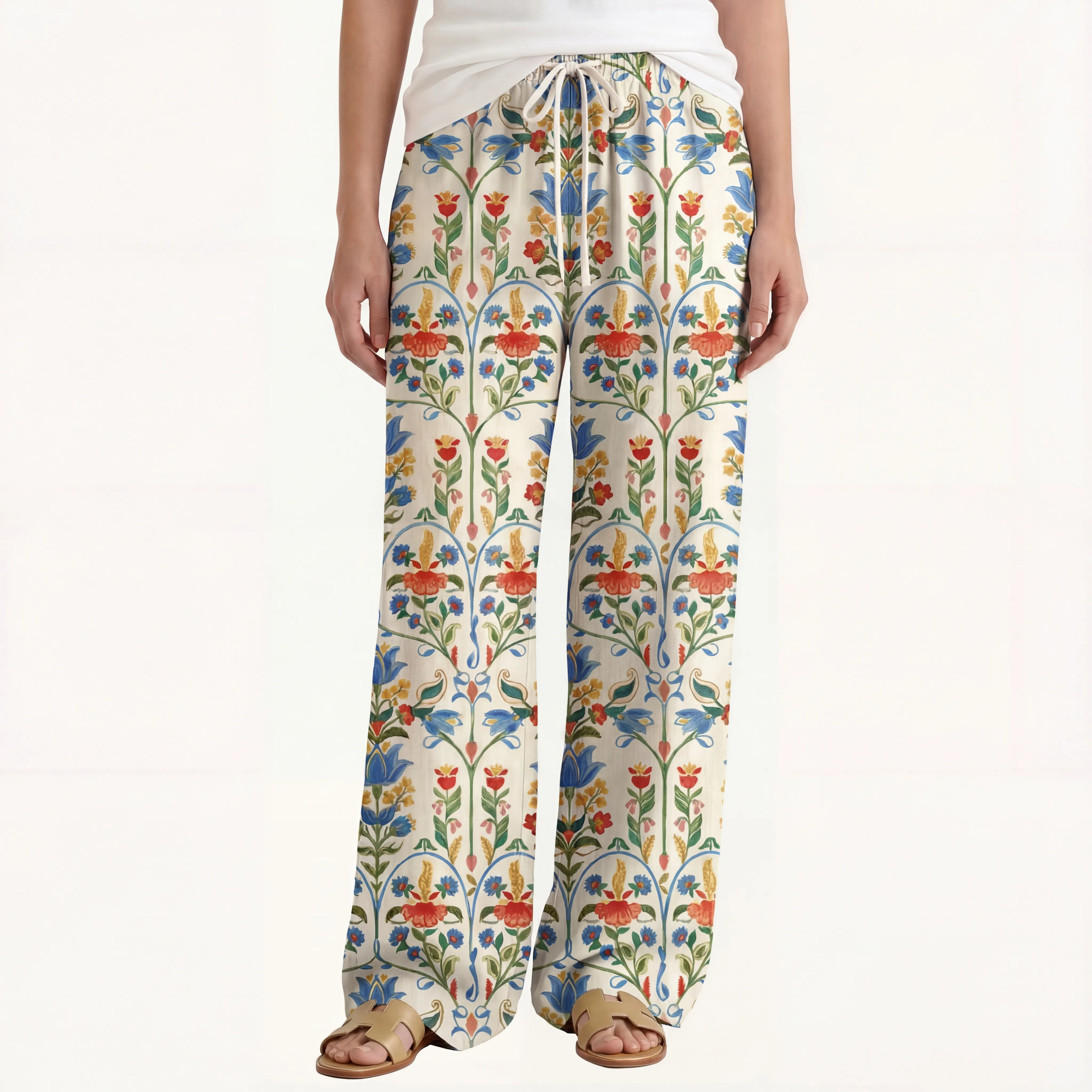  Boho Folk Bloom Wide Leg Tie Waist Pants With Pockets