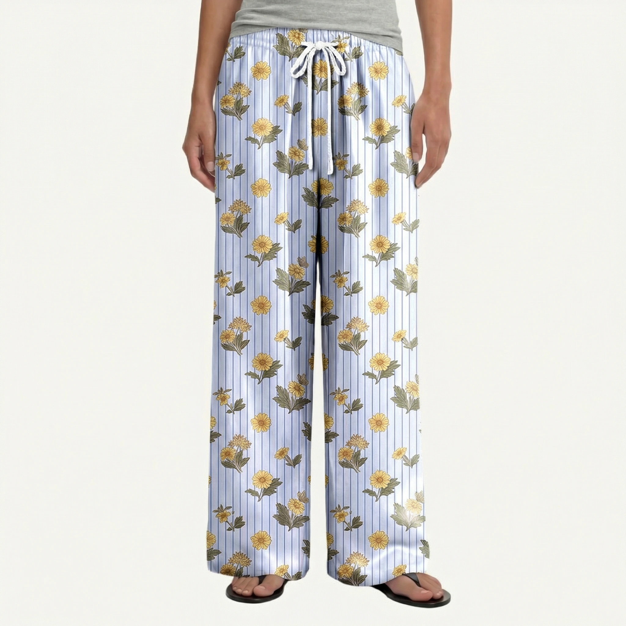  Boho Blue Marigold Wide Leg Tie Waist Pants With Pockets