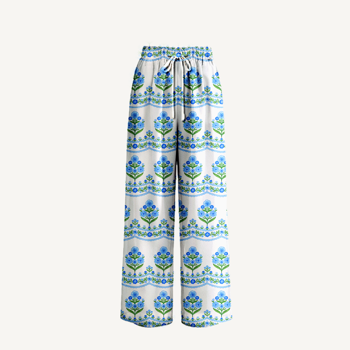  Boho Azure Folk Wide Leg Tie Waist Pants With Pockets