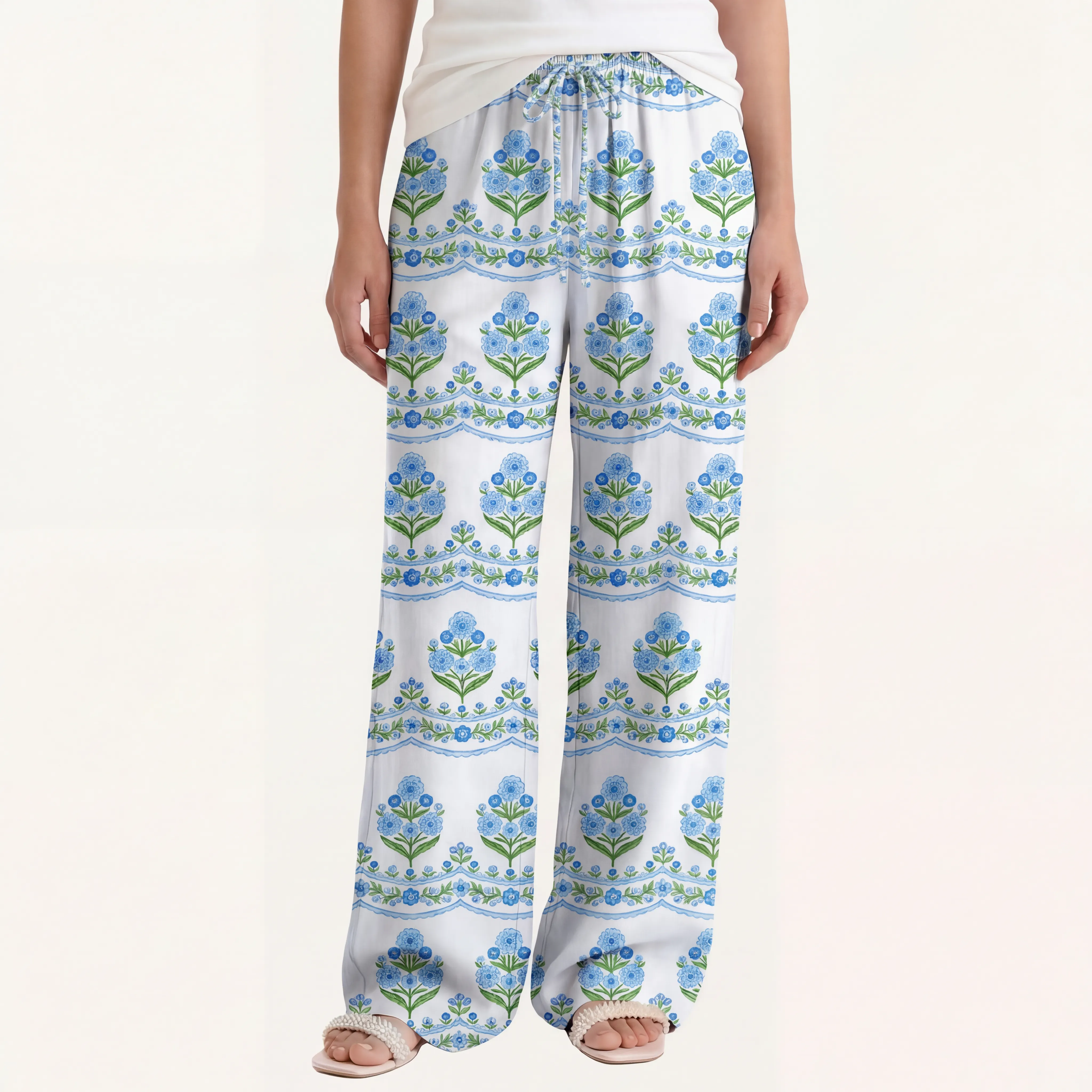  Boho Azure Folk Wide Leg Tie Waist Pants With Pockets