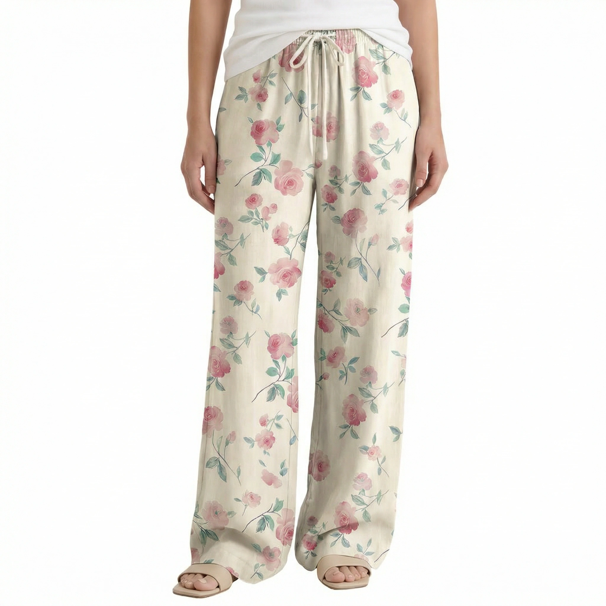  Boho Blush Rose Wide Leg Tie Waist Pants With Pockets