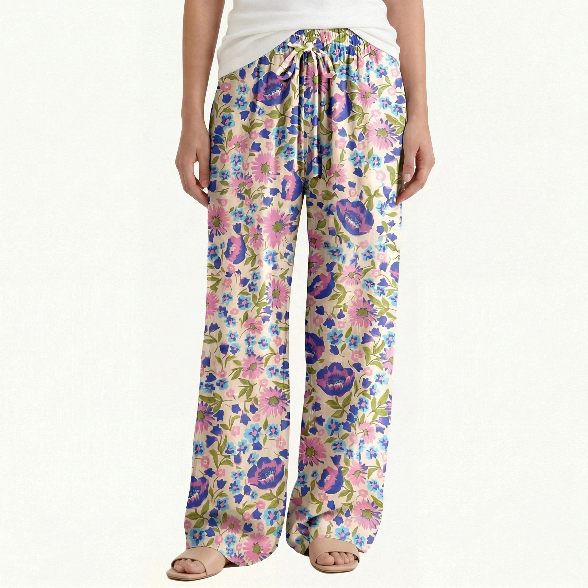  Boho Lavender Bloom Wide Leg Tie Waist Pants With Pockets