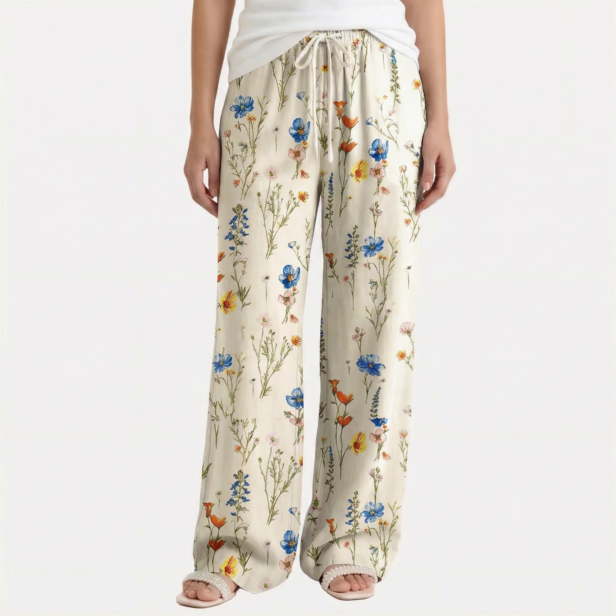  Boho Wild Bloom Wide Leg Tie Waist Pants With Pockets