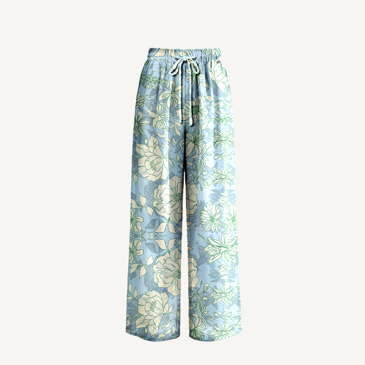  Boho Mist Floral Wide Leg Tie Waist Pants With Pockets