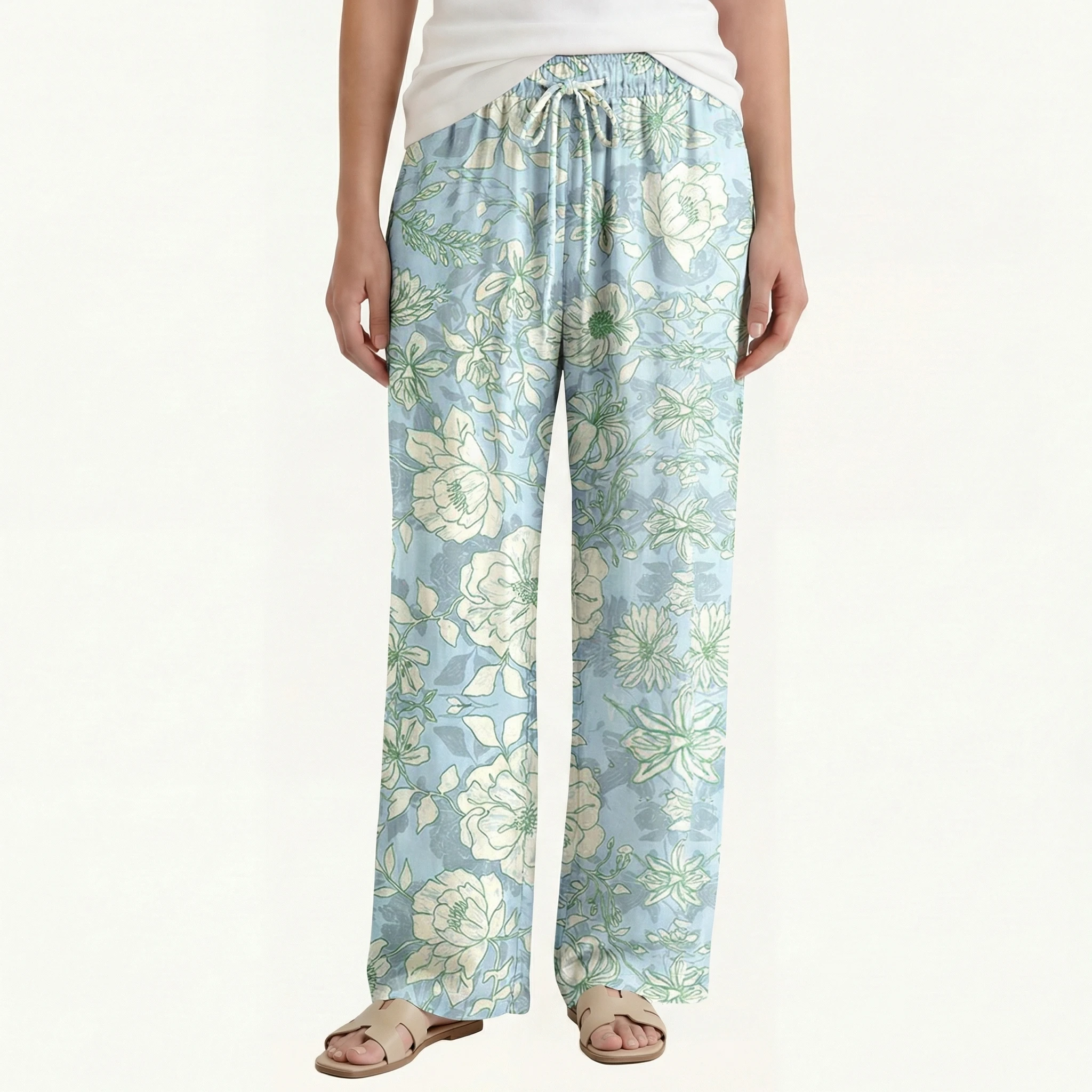  Boho Mist Floral Wide Leg Tie Waist Pants With Pockets