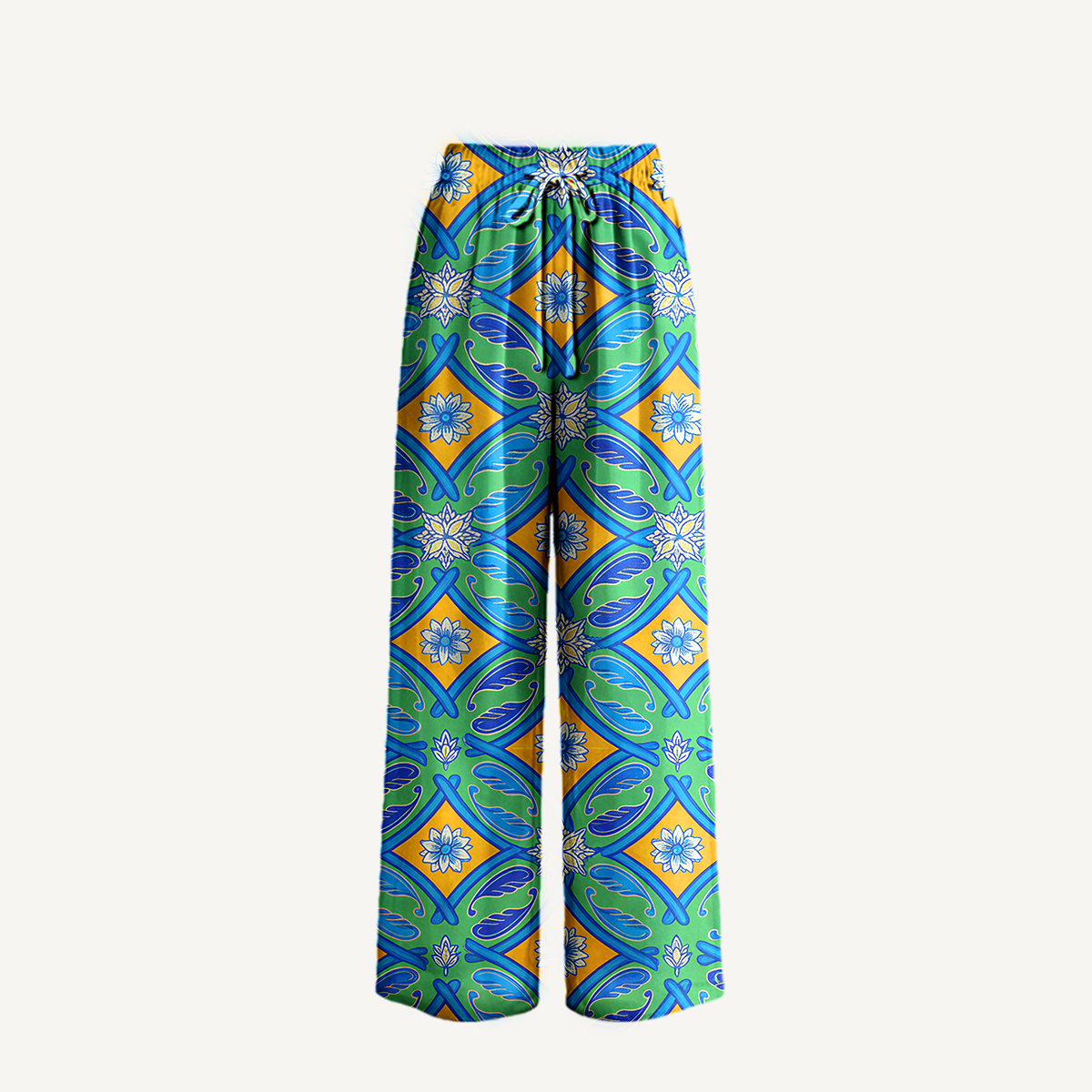  Boho Azure Tile Wide Leg Tie Waist Pants With Pockets