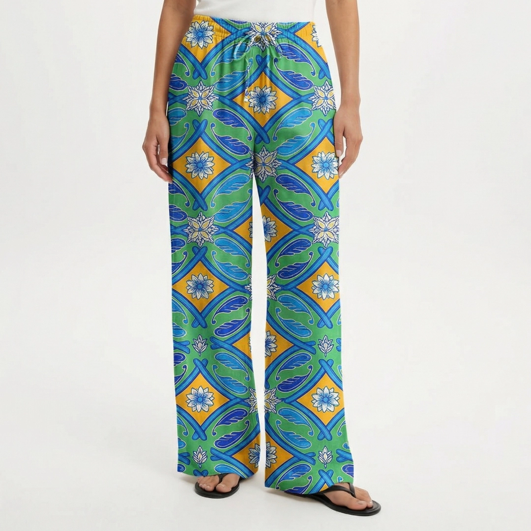  Boho Azure Tile Wide Leg Tie Waist Pants With Pockets