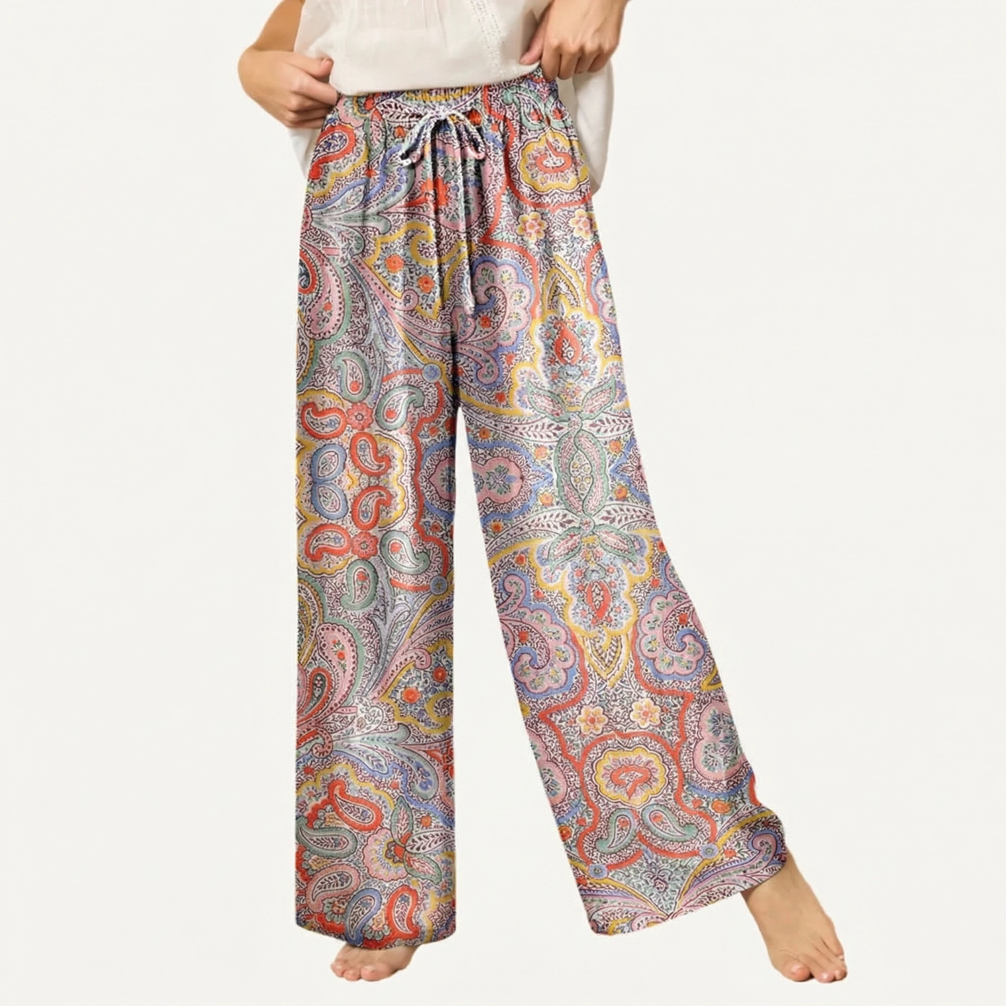  Boho Sunrise Paisley Wide Leg Tie Waist Pants With Pockets