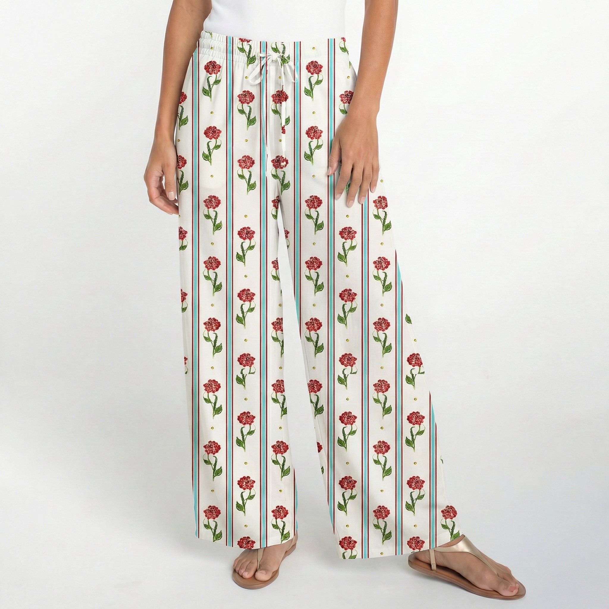  Boho Crimson Dianthus Wide Leg Tie Waist Pants With Pockets