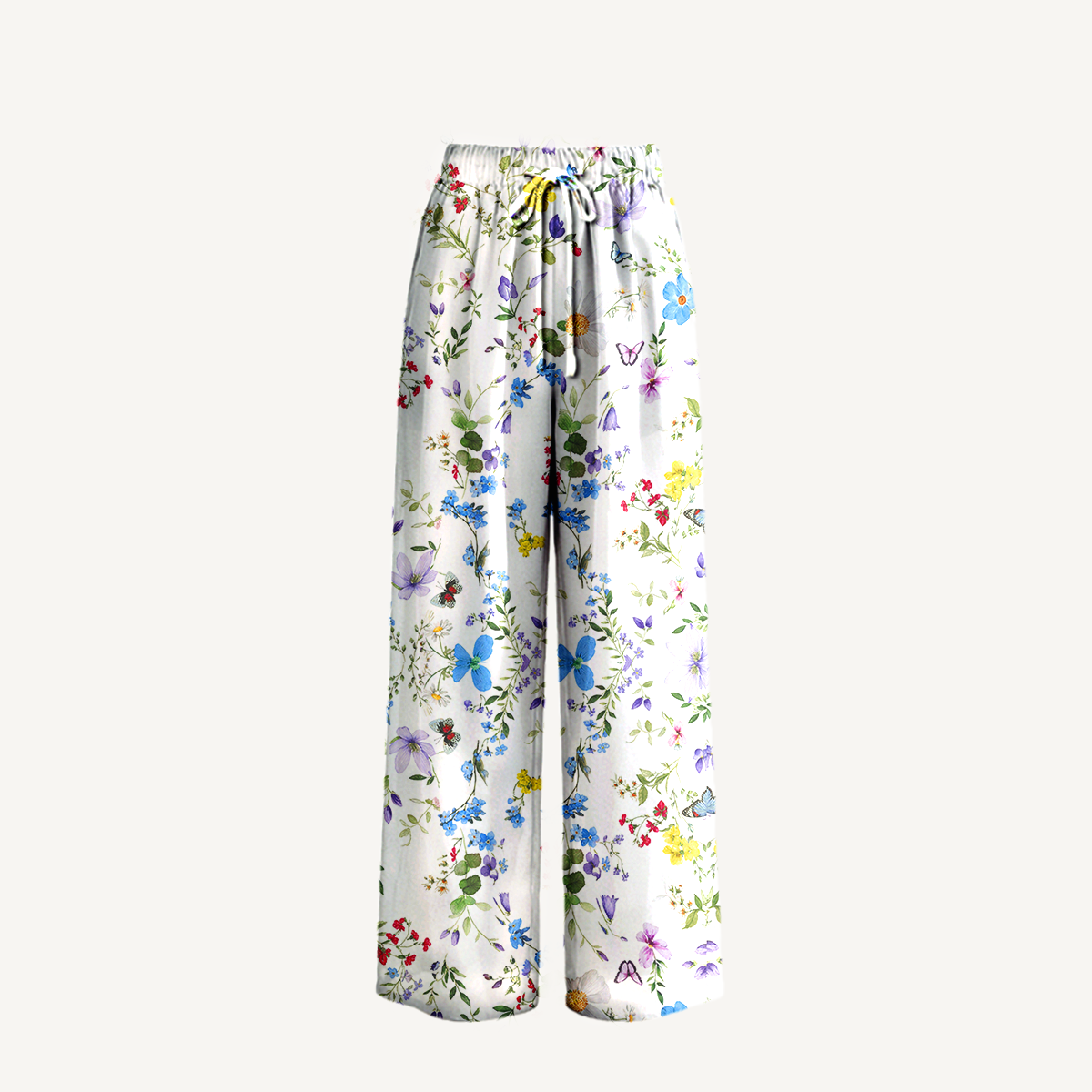  Boho Butterfly Trail Wide Leg Tie Waist Pants With Pockets