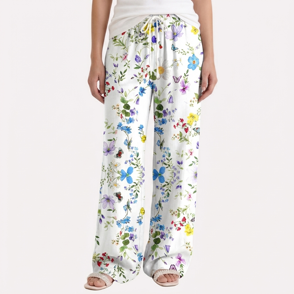  Boho Butterfly Trail Wide Leg Tie Waist Pants With Pockets