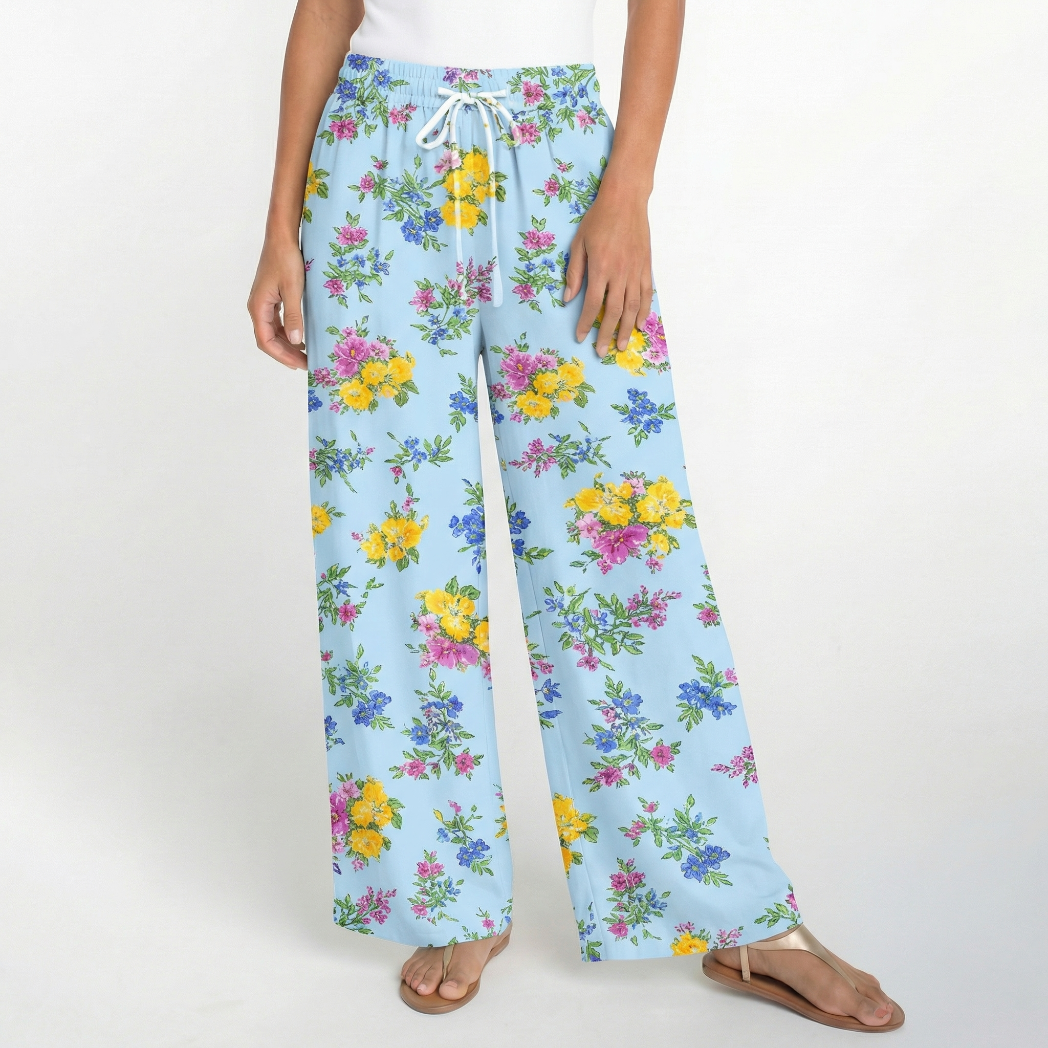  Boho Blue Meadow Wide Leg Tie Waist Pants With Pockets