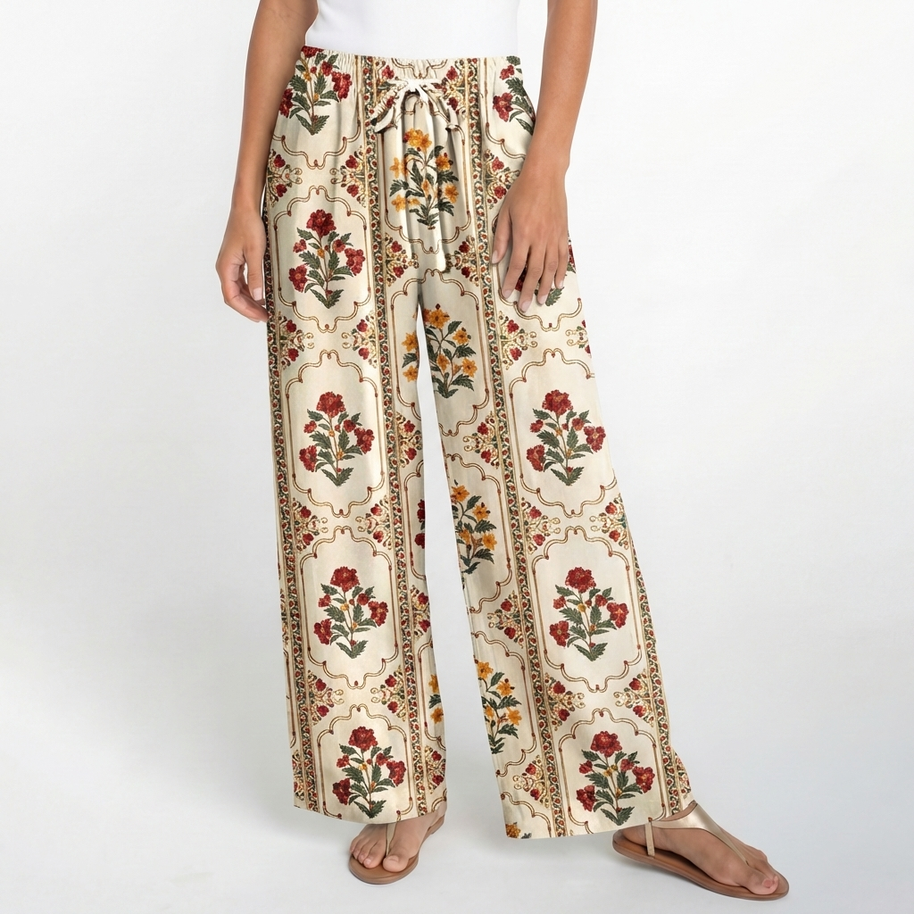  Boho Velvet Carnation Wide Leg Tie Waist Pants With Pockets